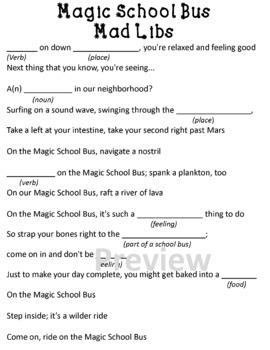 Preview of Fun Magic School Bus Mad Libs Game Activity