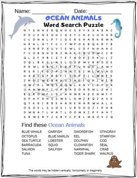 fun ocean animals word search puzzle for grades 4 5 6 and homeschool