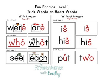 Preview of Fun Phonics Level 1 Aligned Word Wall (3"x5") - Trick Words as Heart Words!