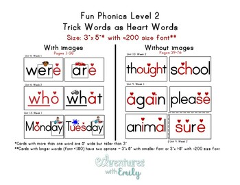 Preview of Fun Phonics Level 2 Aligned Word Wall (3"x5") - Trick Words as Heart Words!