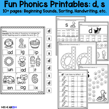 Preview of Fun Phonics Printable Worksheets: d, s