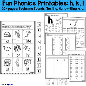 Preview of Fun Phonics Printable Worksheets: h, k, l