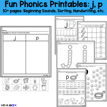 Preview of Fun Phonics Printable Worksheets: j, p