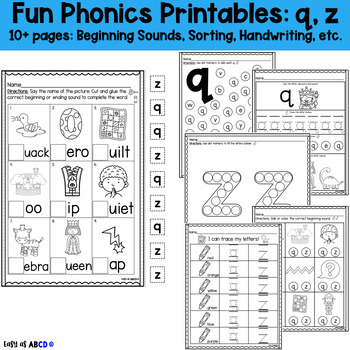 Preview of Fun Phonics Printable Worksheets: q, z