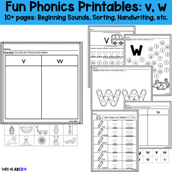 Preview of Fun Phonics Printable Worksheets: v, w