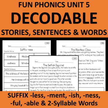 Preview of SUFFIXES -ful -ness -less -ment- ish -able Decodables | Phonics 2nd Grade Unit 5