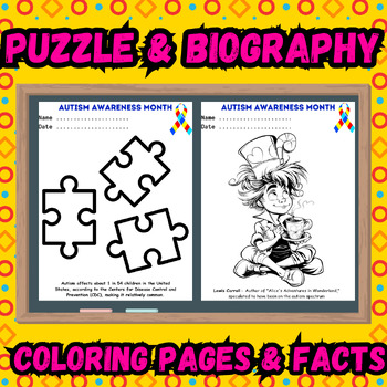 Preview of Fun Puzzle Piece Activity FACTS BIOGRAPHY Autism Awareness COLORING PAGES April