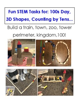 Preview of Fun STEM Task Cards for: 100s Day,  3D Shapes, Counting by Tens, MATH Stations
