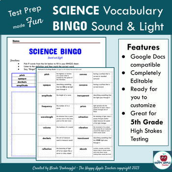 Preview of Fun Science Sound & LightVocabulary BINGO Printable-EDITABLE