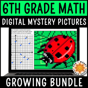 Preview of Fun Sixth Grade Math Review Pixel Art - Digital Mystery Pictures Growing Bundle