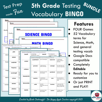 Preview of Fun Standardized Testing Vocabulary BINGO BUNDLE Math/Science Printable-EDITABLE