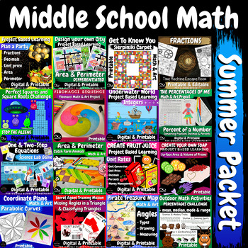 Preview of Fun Summer School Activities | Middle School Math Packet | Printable Hands-On