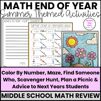 Preview of Fun Summer Themed Middle School Math Activities | Math Coloring | End of Year