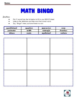 Preview of Fun Test Taking Math Vocabulary BINGO Printable & Easel