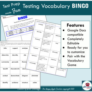 Preview of Fun Test Taking Vocabulary BINGO Printable & EDITABLE High Stakes Testing Verbs 