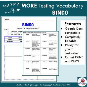 Preview of Fun Test Taking Vocabulary BINGO Printable & EDITABLE High Stakes Testing Words
