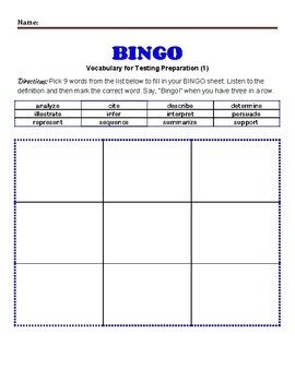 Preview of Fun Test Taking Vocabulary BINGO Printable & Easel High Stakes Testing Verbs