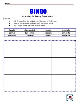 Preview of Fun Test Taking Vocabulary BINGO Printable & Easel High Stakes Testing Words