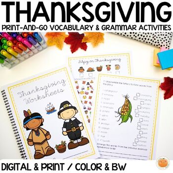 Preview of Fun Thanksgiving Literacy / ELA Worksheets -  No Prep Printables & Digital