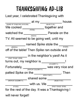 Fun Thanksgiving Mad Lib Activity by Daveycreates | TpT