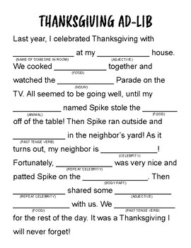 Funny Thanksgiving Game - History Ad Lib - All Ages Activity