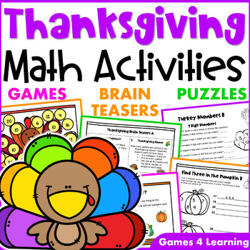 Preview of Fun Thanksgiving Math Activities: Worksheets, Games, Brain Teasers & Boom Cards