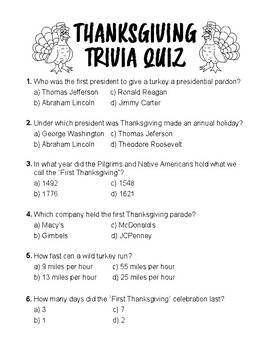 Fun Thanksgiving Trivia Quiz And Key By Daveycreates Tpt