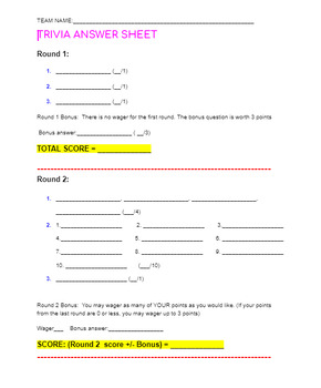 Preview of Fun Trivia Game- Teambuilding activity- blank answer sheet