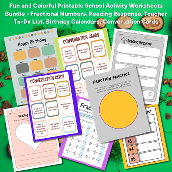 Preview of Fun and Colorful Printable School Activity Worksheets Bundle - Fractional Number