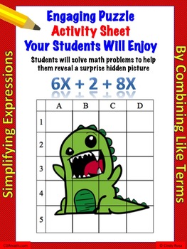 Fun puzzle activity sheet simplifying expressions by combining like terms