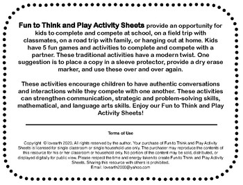 Traveling Thinking Fun Activity Sheet by Cynthia Lowe | TPT