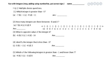 Preview of Fun with integers (mcq, adding using numberline, put correct sign )