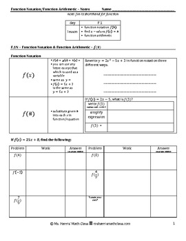Preview of Function Notation & Function Arithmetic - Student Notes Packet - Answer Key