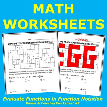 Preview of Evaluate Functions in Function Notation Riddle and Coloring Worksheet #2