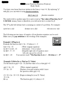 Preview of Function Notation (Linear Equations) Study Guide/Notes