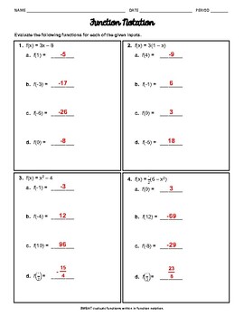 Preview of Function Notation Worksheet