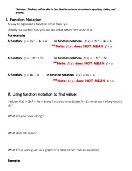 Preview of Function Notation and Evaluating Functions using equations, tables and graphs