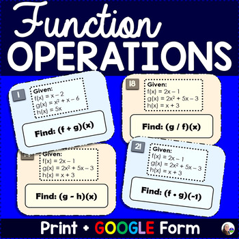 Preview of Function Operations Algebra Task Cards Activity - print and digital