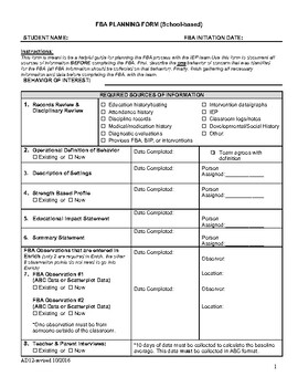 Preview of Functional Behavior Assessment (FBA) Planning Form: School-based