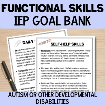 Preview of Functional Life Skills IEP Goal Bank & Objectives - Autism Special Education