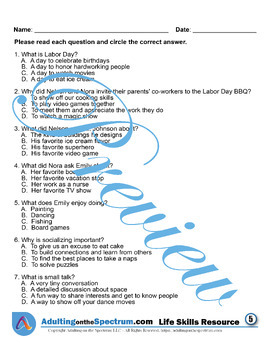 Functional Life Skills Worksheet - Nelson and Nora's Labor Day Adventure
