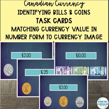 Preview of Functional Math Canadian Money Currency Value to Image Matching Task Cards