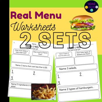 Functional Reading Real Menu Restaurant worksheets by UNlVERSAL CREATIONS