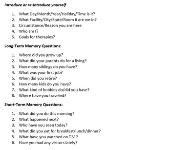 Preview of Functional cognitive-linguistic questions for SNF/acute/rehab/inpatient