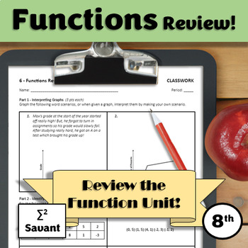 Preview of Functions #6 - Unit Review 8th Grade Classwork