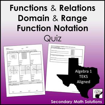 Preview of Functions & Relations, Domain & Range, Function Notation Quiz