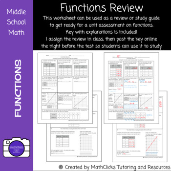 Preview of Functions Unit Review and Study Guide #1 (6th Grade Standards)