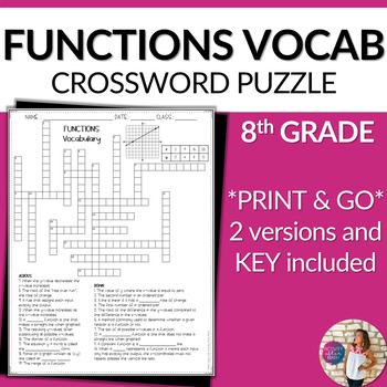 Preview of Functions Vocabulary Math Crossword Puzzle 8th Grade