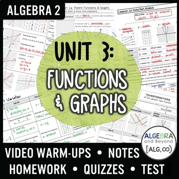 Preview of Functions & Graphs Unit - Notes, Homework, Assessments, Word Problems - Algebra