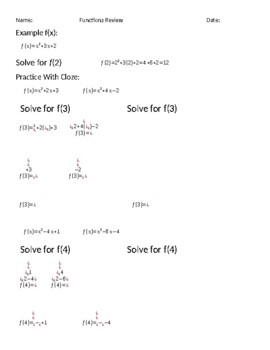 Preview of Functions with Cloze Fill In.  Start with cloze and then equations.